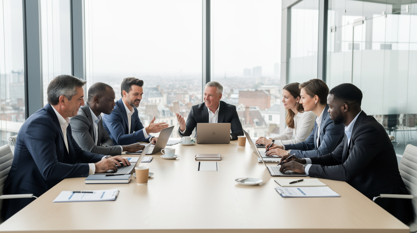 Diverse group of professionals discussing around a table with laptops and notes